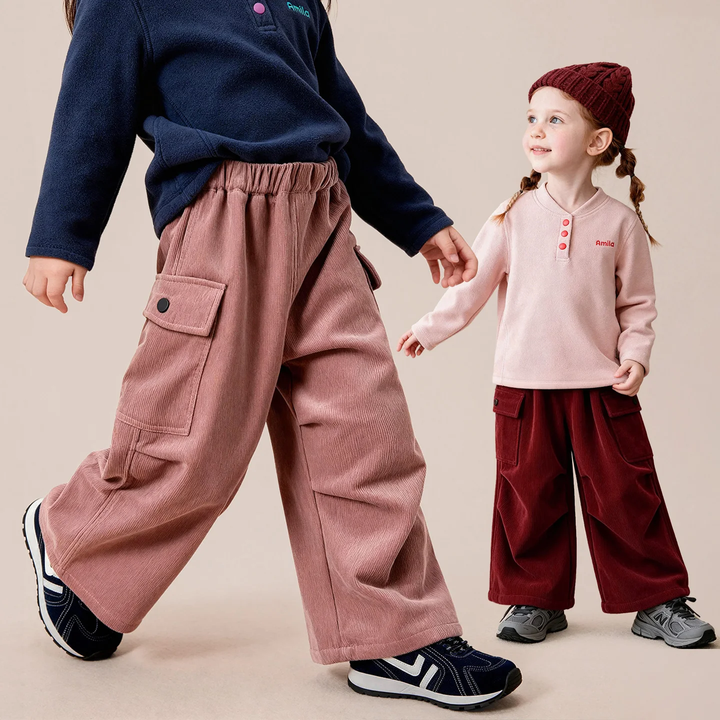 Amila 2026 Winter New Kids Casual Long Pants Corduroy Fleece Lined Cargo Wide Leg Vintage Warm Extra Soft Cozy Daily Long Pants