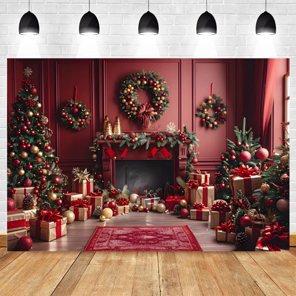 Christmas Fireplace Scene Photography Backdrops Christmas Tree Gifts Adults Kids Portrait Family Party Photo Background Props