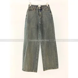 Retro washed distressed high waist wide leg jeans for women 2024 new autumn loose straight floor-length pants