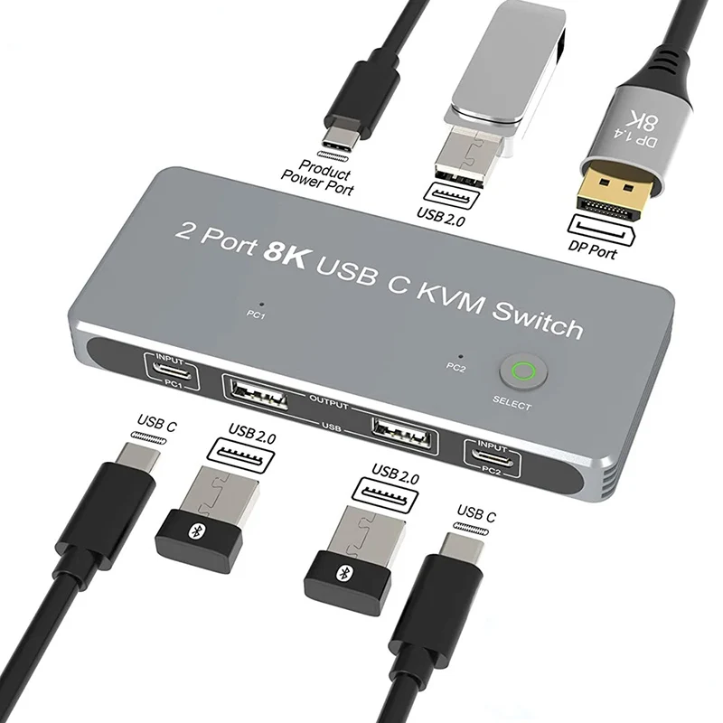 

8K USB-C KVM Switch DP1.4 2USB-C 2PC Input 1 DisplayPort Output 8K@60Hz 4K@144Hz USB KVM Switcher for Macbook Laptop