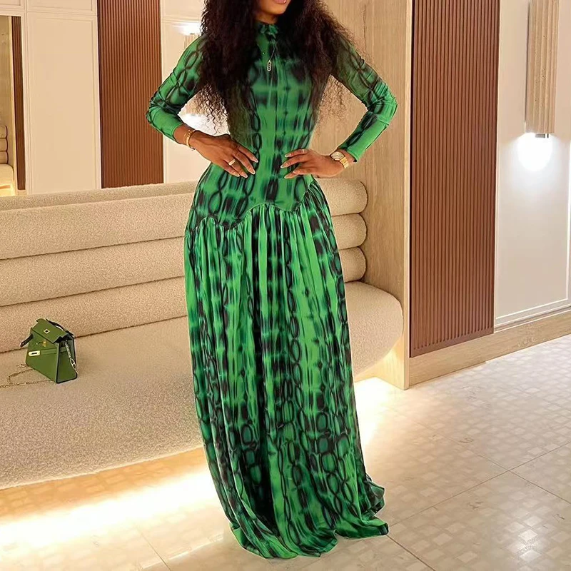 

Элегантное простое повседневное женское платье: зеленое, с принтом, длинным рукавом, приталенное, вечернее, с высокой талией, плиссированное, макси-платье для стильных дам