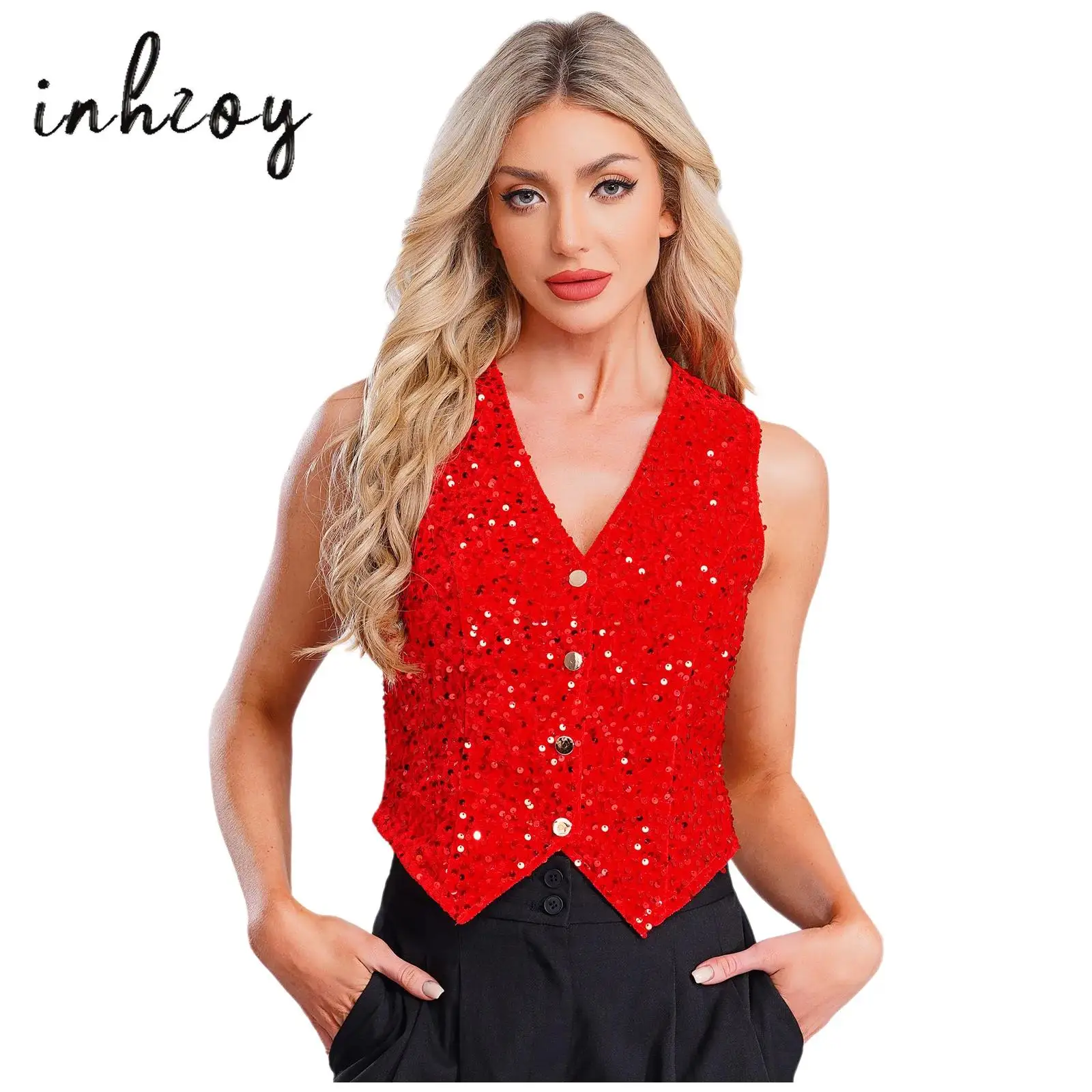 

Women's Sparkly Sequin Party Vest Tops Fashion Solid Color V-neck Sleeveless Blazer Coat for Cocktail Party Banquet Nightclub