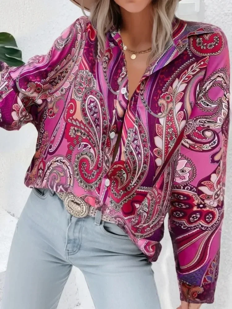 موضة حجم كبير 1XL-5XL المرأة الأزهار طباعة بلوزة السيدات عادية التلبيب أنيقة زر الجبهة بوهو بلوزة قميص طويل الأكمام