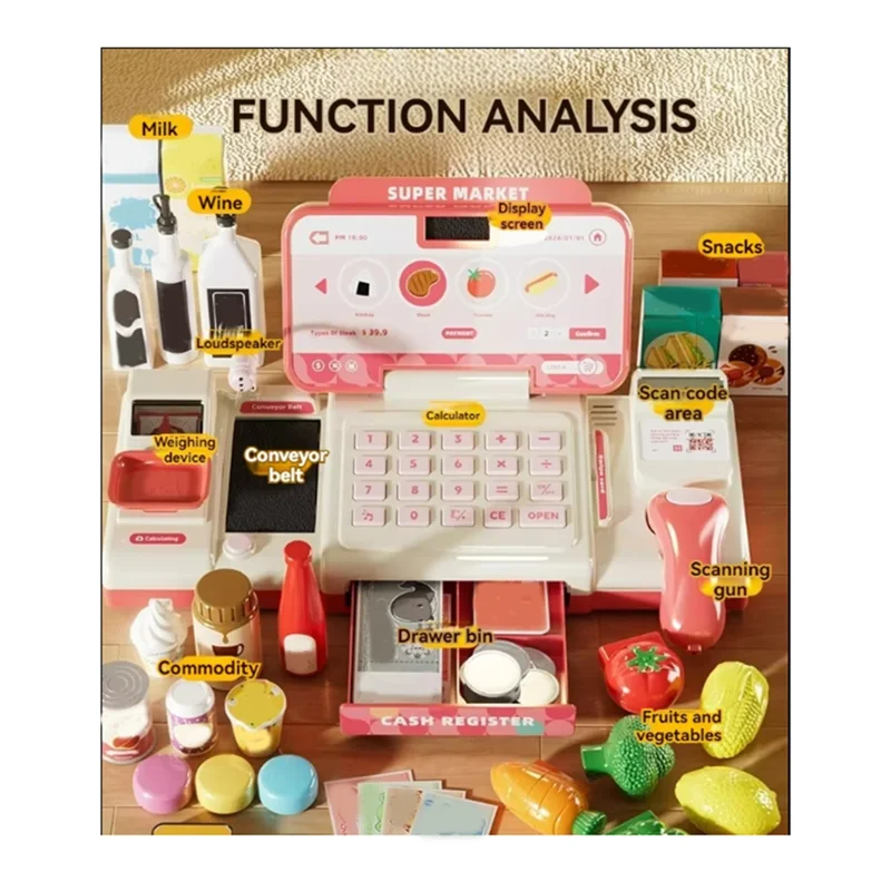 Supermarkt-Registrierkasse zum Einkaufen, intelligente Erkennung, Rollenspiel mit Scanner-Mikrofon für Kinder