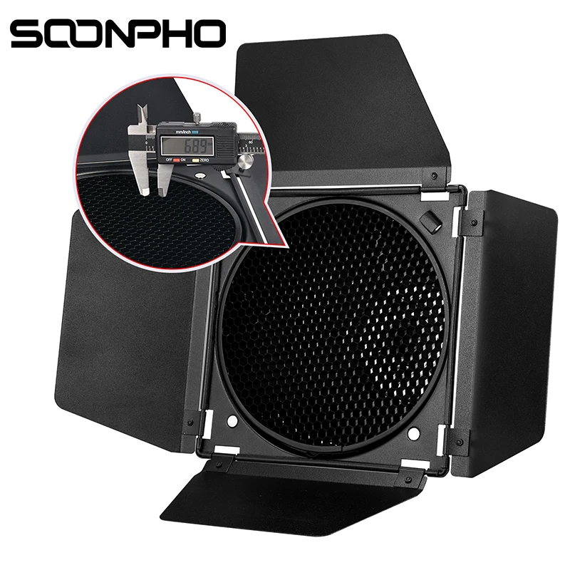 Soonpho BD-04 Bowens Mount drzwi do stodoły z siatką o strukturze plastra miodu + 4 zestawy filtr kolorów do Godox SK400ii DE400 DE300 QS400 QS60 błyskanie studyjne