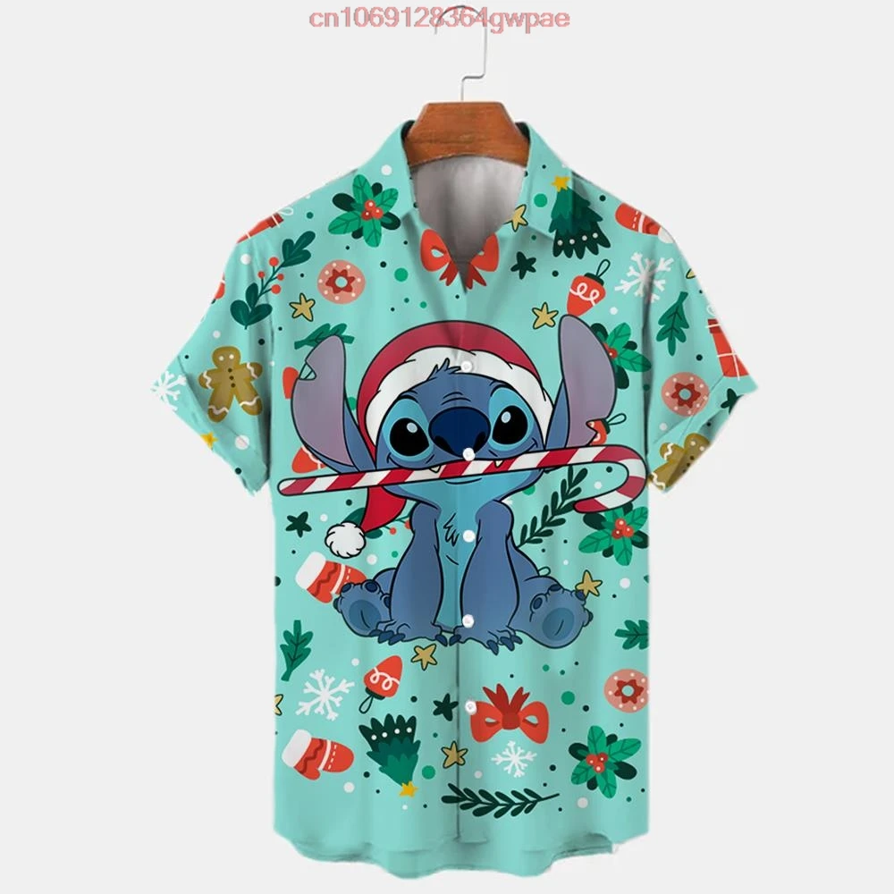 Disney Stitch camisa hawaiana de Navidad para hombres y mujeres, camisa informal de playa, camisa hawaiana de Disney, camisa de manga corta con botones