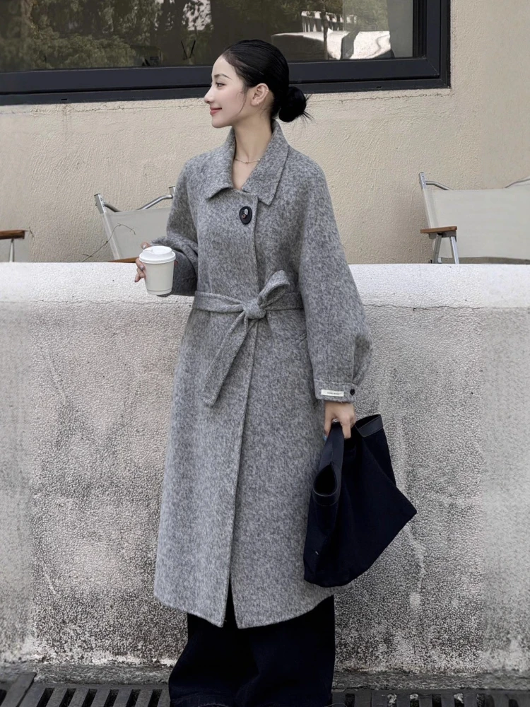 Korean Long Woolen Coat Women Fashion High-Quality Double-Sided Wool Jacket Fall/Winter 2025 New Lapel Lace Up Outerwear Parkas