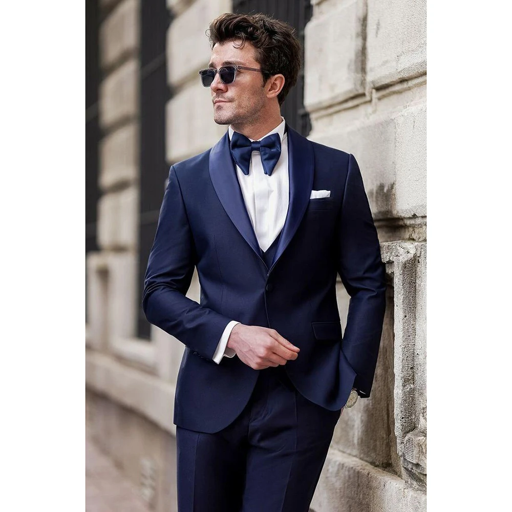 Handsome Blue Single Breasted Men Suit Three Pieces Fashion Hot Sell Male Set Daily Business Blazer Pants & Vest