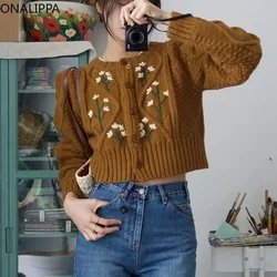 Onalippa Embroidery Floral Knitted Cardigan Small Fragrance Gentle Wind Long Sleeves Cardigans Single Breasted Cropped Tops