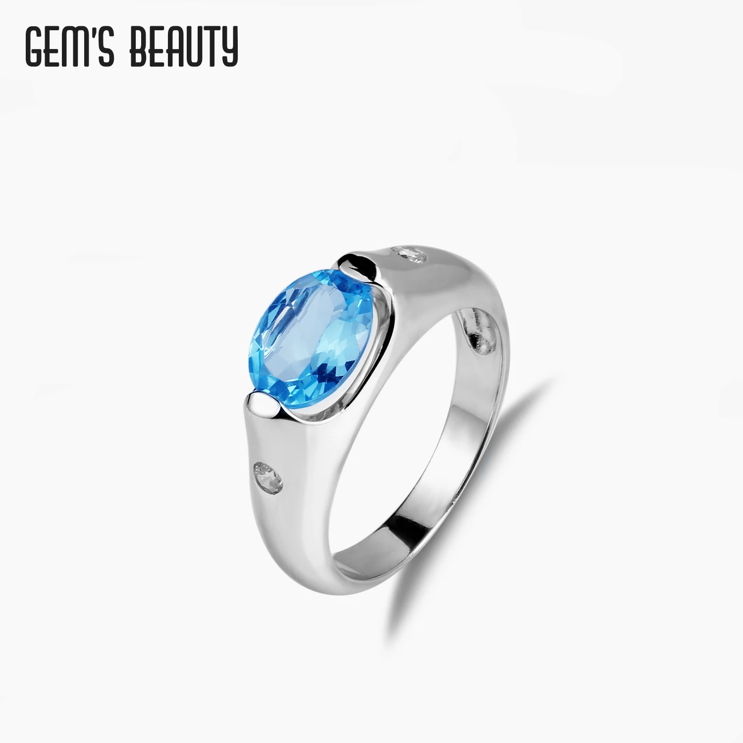 

GEM'S BEAUTY 925 Sterling Silver Natural Swiss Blue Topaz Rings 2021 Style Oval Handmade For Women Rings Couple Romantic Gift