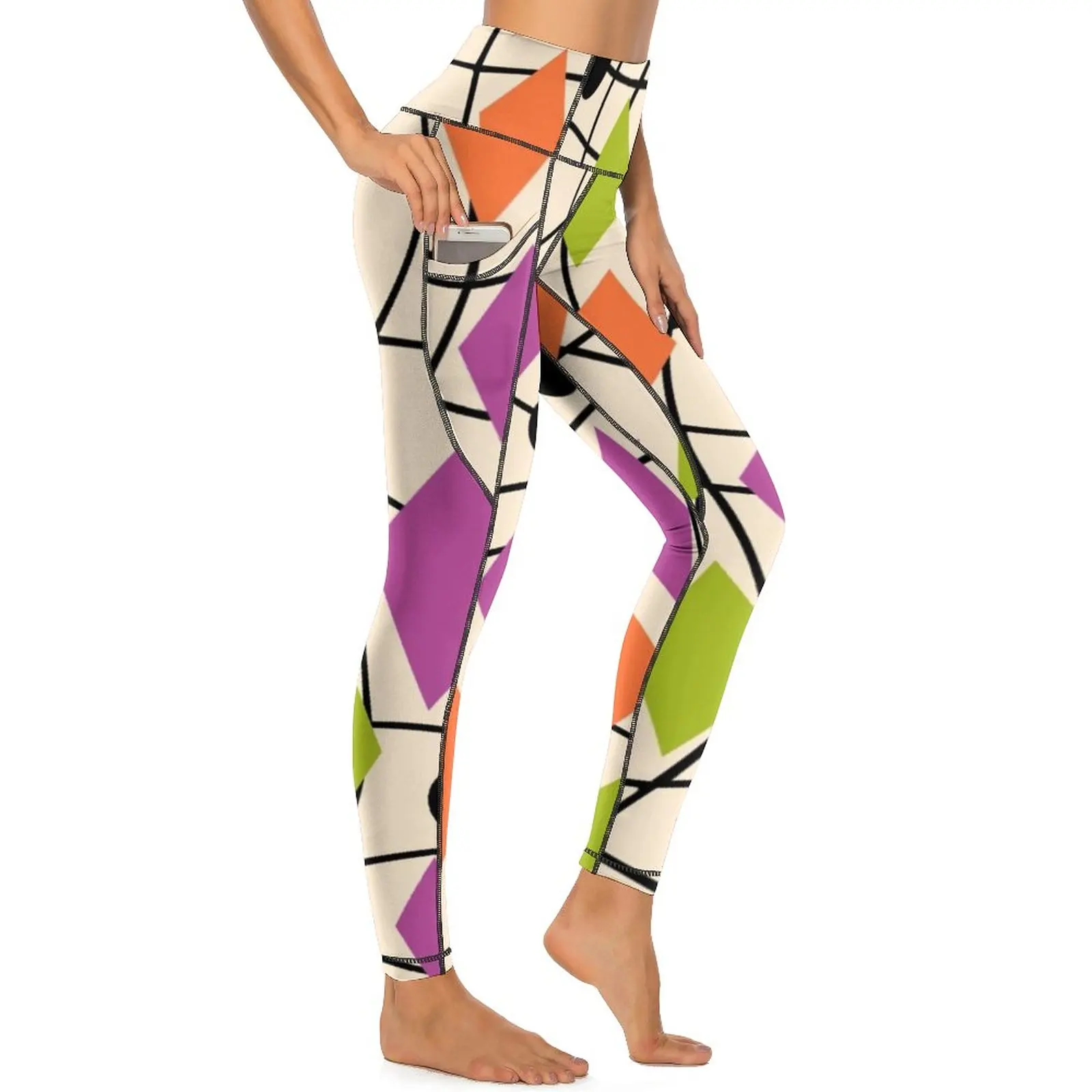 

Colorful Mid Century Leggings Sexy Geometric Abstract Gym Yoga Pants High Waist Stretch Sports Tights Novelty Graphic Leggins