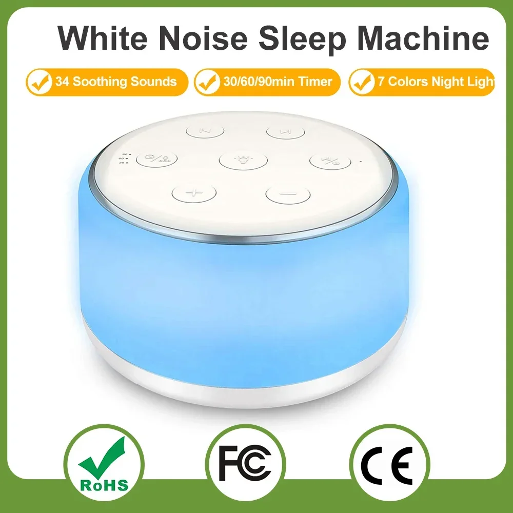 White Noise Machine Kit Desktop Sleep Sound Machine for Baby Sleep Soother 7 Colors Night Lights 34 Soothing Sounds and Timer