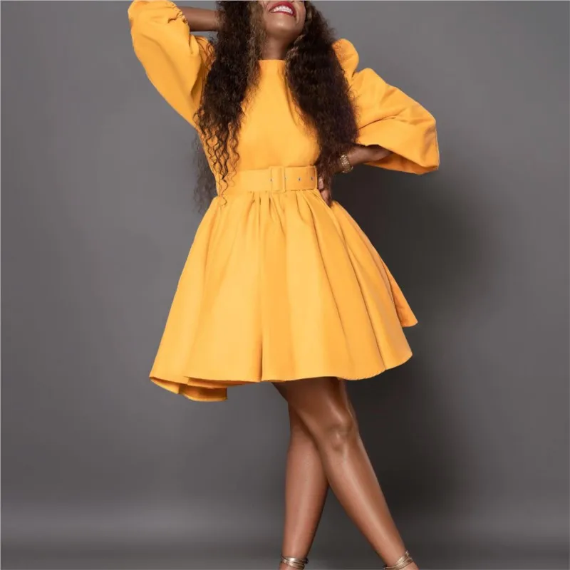 Puff Sleeve Elegant A-Line Pleated Dress Eevning Satin Fashion Wedding Guest Cocktail Long Dress Vintage Dress with Belt