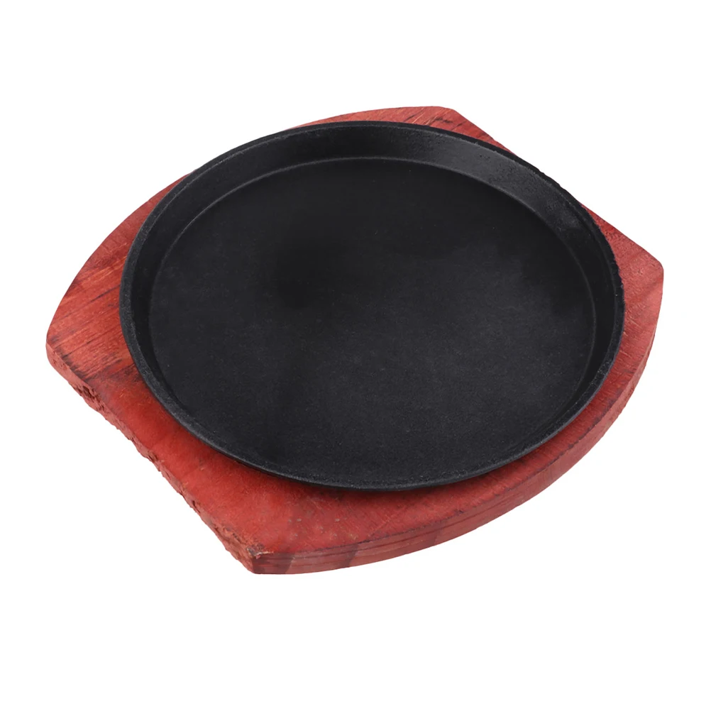 

Cast Iron Grill Plate Thickened Nonstick Round Compatible Steak Sizzling Fajita Skillet Home Use Wooden Serving Tray