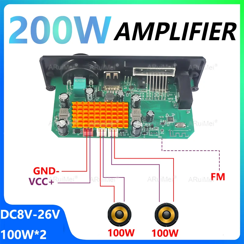 200W Amplifier Bluetooth 5.3 MP3 WMA APE Decoder Board 12V 100W 50W Handsfree Car Audio Microphone USB TF FM DIY Music Player image 2