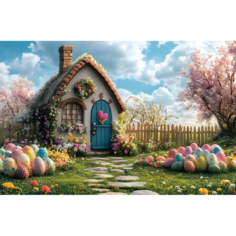 ربيع عيد الفصح خلفية التصوير الفوتوغرافي السماء الزرقاء الزهور بيض عيد الفصح أرنب الأرنب منزل خشبي عيد الفصح حزب الديكور الخلفيات