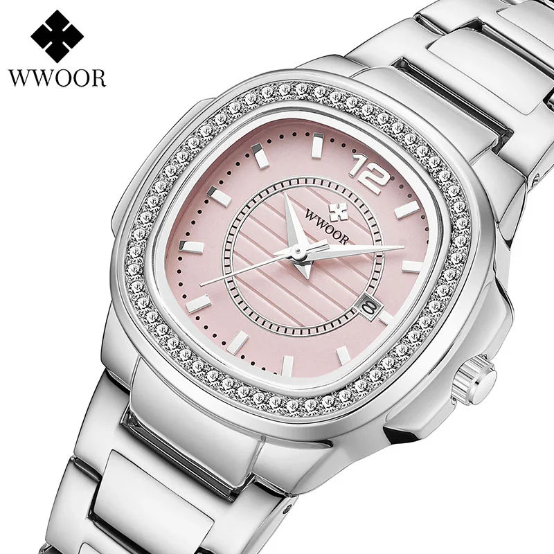 WWOOR Dameshorloge Roestvrij Staal Roze Eenvoudige Waterdichte Dameshorloges Elegante Diamanten Vrouwen Quartz Armband Horloges Datum Klok