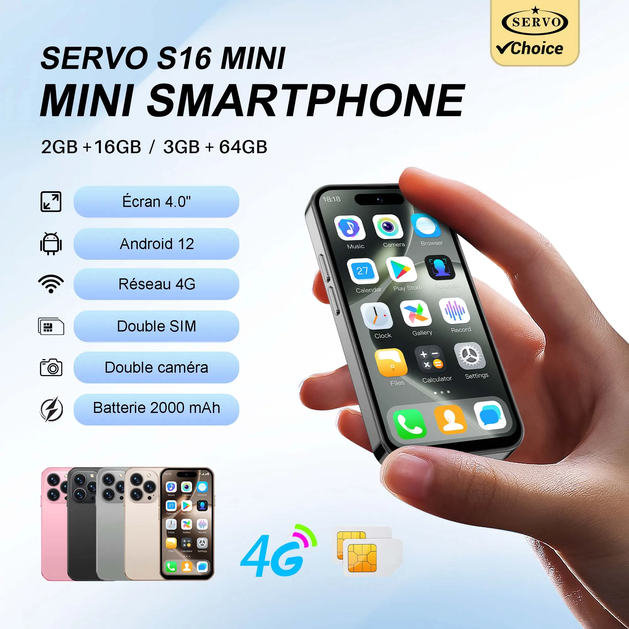 SERVO S16 MINI 4.0" Mini Smartphone 3GB+64GB 2GB+16GB Android 4G LTE Double SIM Déverrouillage Facial Play Store WiFi Hotspot Téléphone de Poche