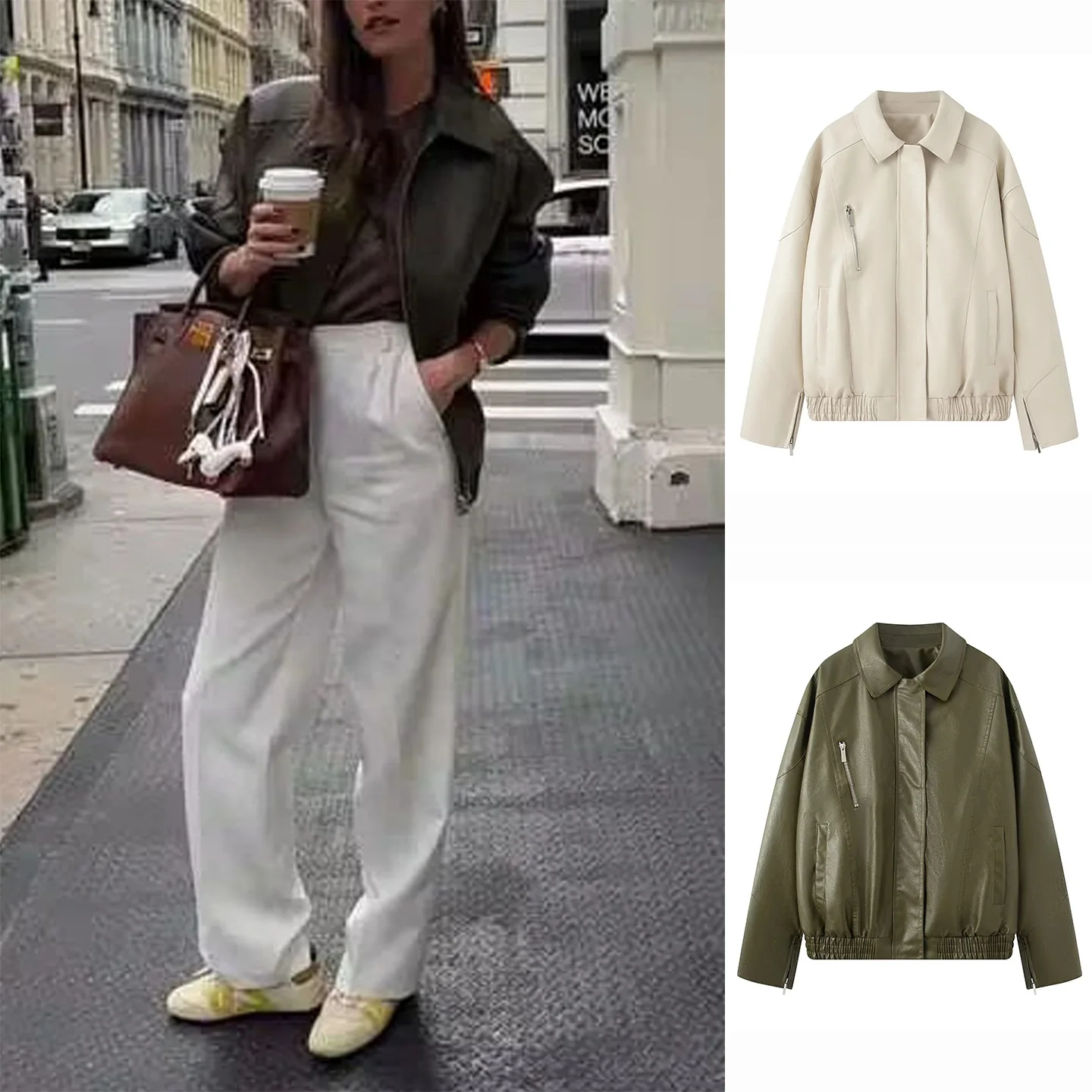 

Fall New Sle Women's Retro Collar Long Sve Zipper Loose PU Leather Jaet Outerwear Casual Commute Sle Polyester ...