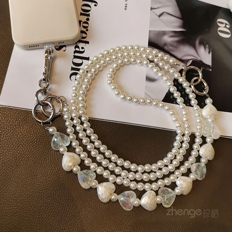 Mobile Phone Lanyard Pearl String Long Cross Body Lanyard Love Bead Chain Neck and Back Rope Women's Handmade Bead Chain