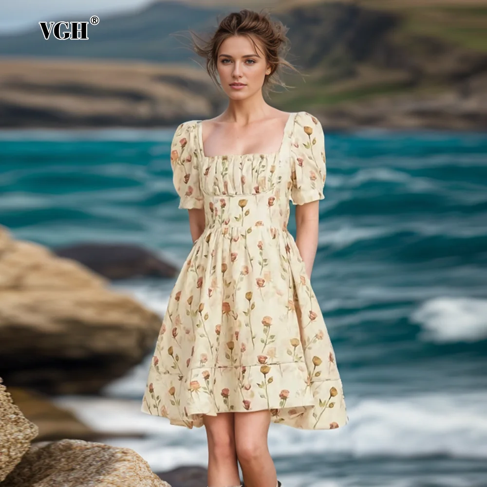 

VGH Hit Color Printing Sweet Dresses For Women Square Collar Puff Sleeve Backless High Waist Elegant Dress Female Fashion New