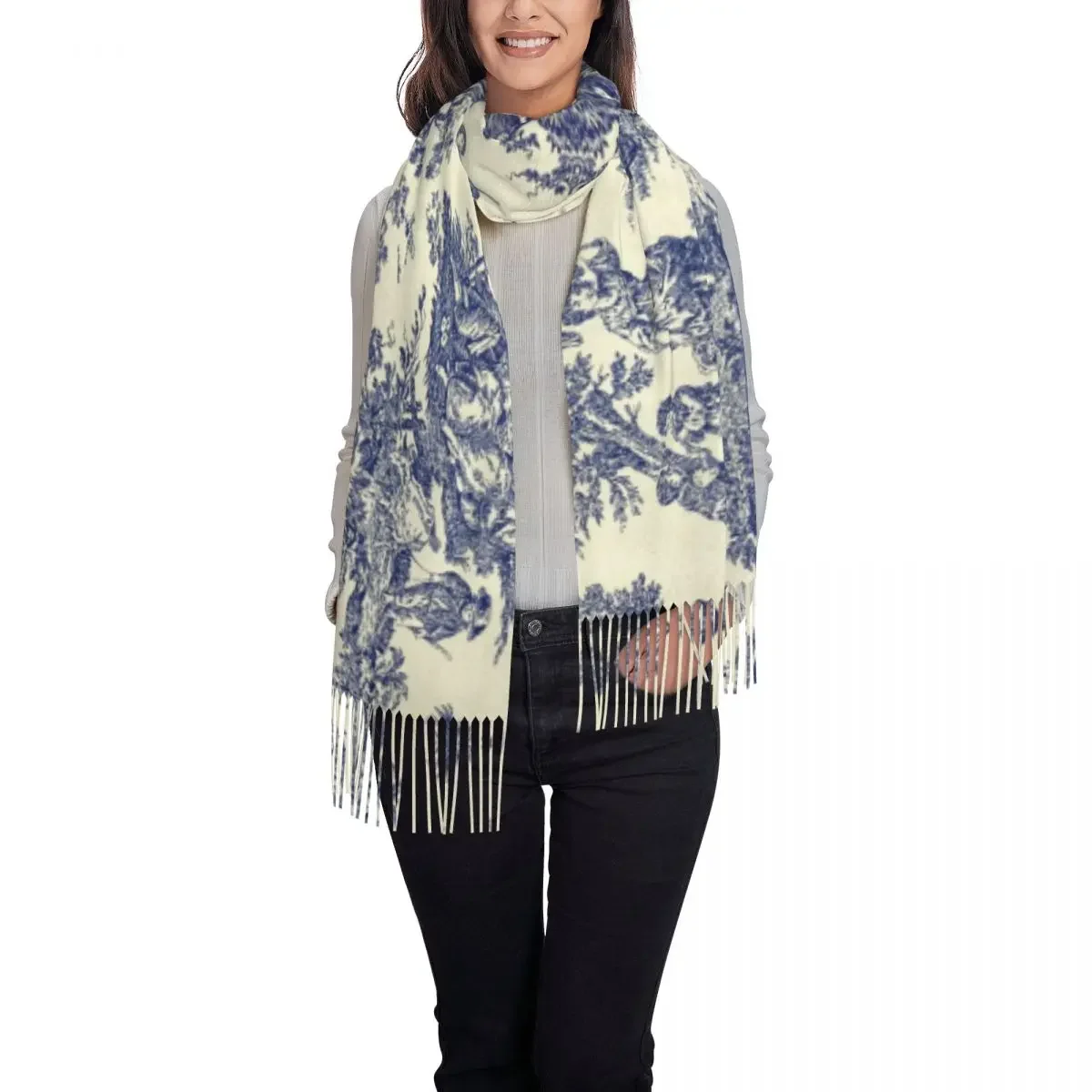 Toile De Jouy Blue Tassel Scarf Women Soft French Navy  Motif Shawl Wrap Lady Winter Fall Scarves