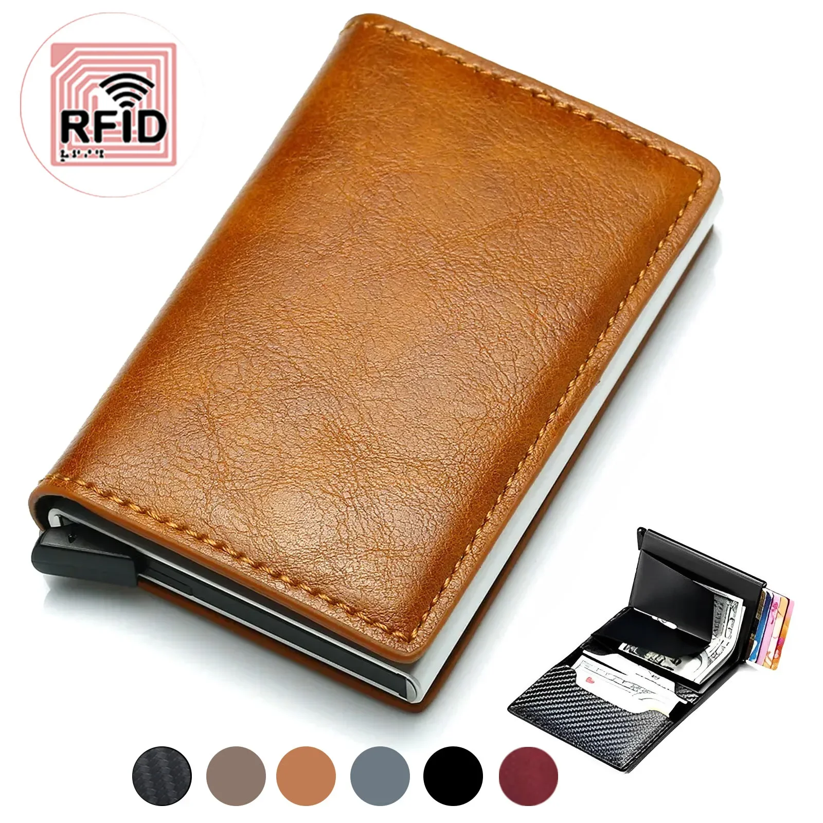 محفظة حامل بطاقات الائتمان من ألياف الكربون للرجال RFID Smart Metal رفيعة ونحيفة ومنبثقة وصغيرة الحجم ومحفظة سوداء معدنية