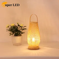 Modern Hand Knitted Weaving Bamboo Table Lamp Bedroom Bedside Lamp Wood Rattan Lampshade Room Home Decor Art Desk Light