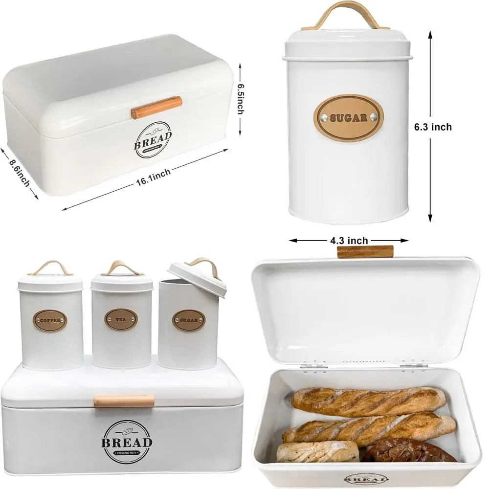 

Vintage Metal Bread Box - 3-Piece Sugar Tea Coffee Set, Extra Large Kitchen Storage with Countertop Decor (White)