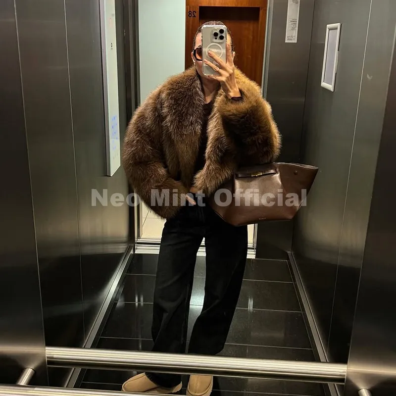 Neo Mint Winter 2025 Trendy Brown Obsession Cropped Shawl Collar Faux Fur Coat Women Jacket Chic Girls Brand Fox Fur Outerwear