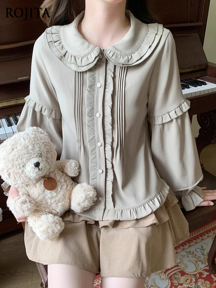 

Lolita Inner Layer Double Layer Doll Collar Bow Long Sleeve Base Shirt for Women Spring Autumn Sweet Soft Girl Top Womens Tops