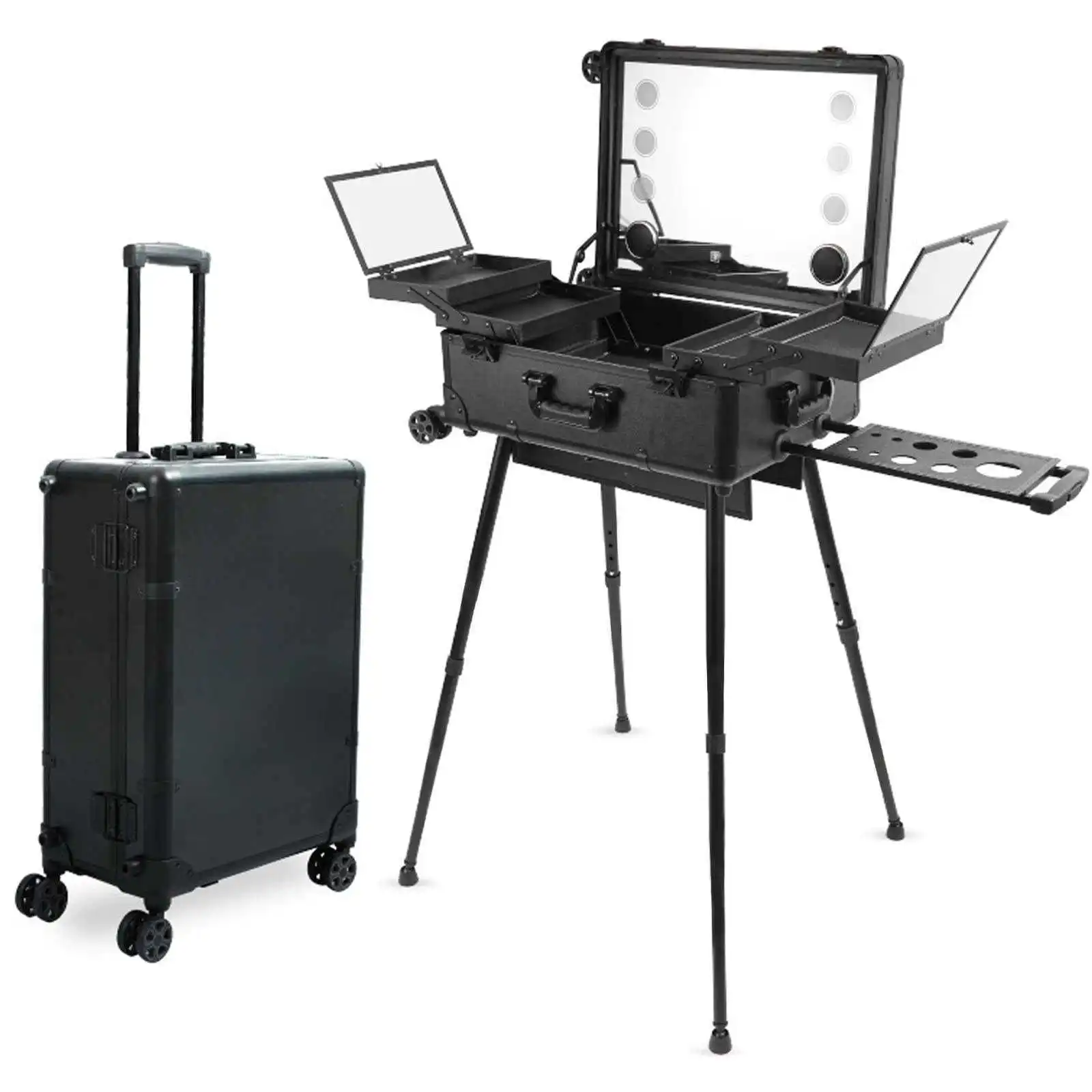Rolling Metal Cosmetic Case With Luminous Mirror 24-Inch Large Salon Trolley 4-Wheel Portable Storage For Hotel Living Room Use
