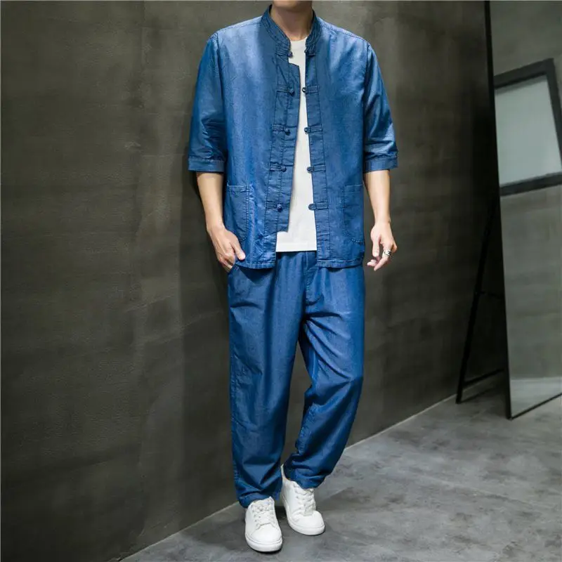 

Denim Jacket Plain Shirts Pants Suits for Men Trendy Two Piece Set Original Brands Outdoor Korean Style 2025 Man Trousers Sets