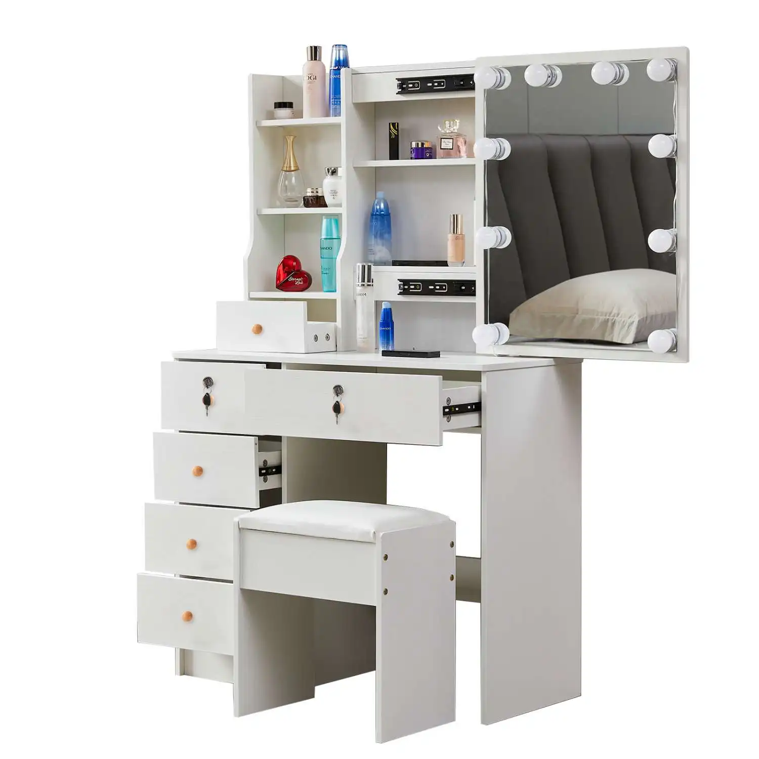 White Vanity Table Set with Hollywood LED Light Mirror, Multi Lockable Drawers & Open Storage Shelves, Dressing Makeup Desk with Padded Stool for Bedroom