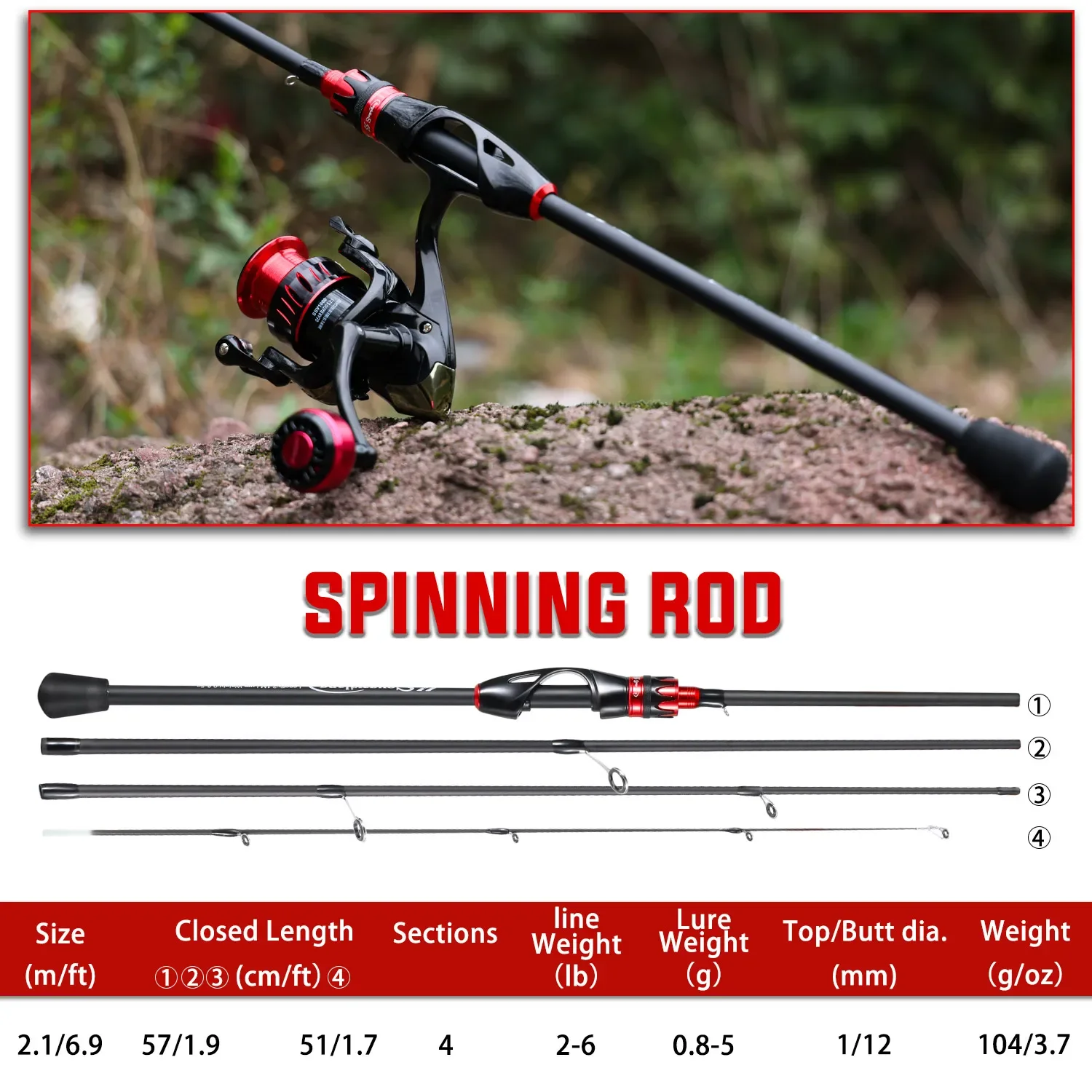 Casting Spinning Fishing Rod 2.1m UltraLight Carbon Fiber Rod Pole 4 Section with EVA Handle 0.8-5g Lure Weight