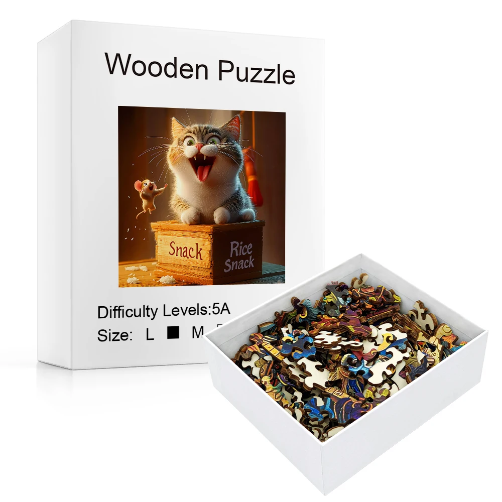 "Puzzle en bois chat exquis coloré |   Jeu de taquinerie dans une boîte cadeau en bois élégante • Parfait pour les vacances, les anniversaires et les anniversaires