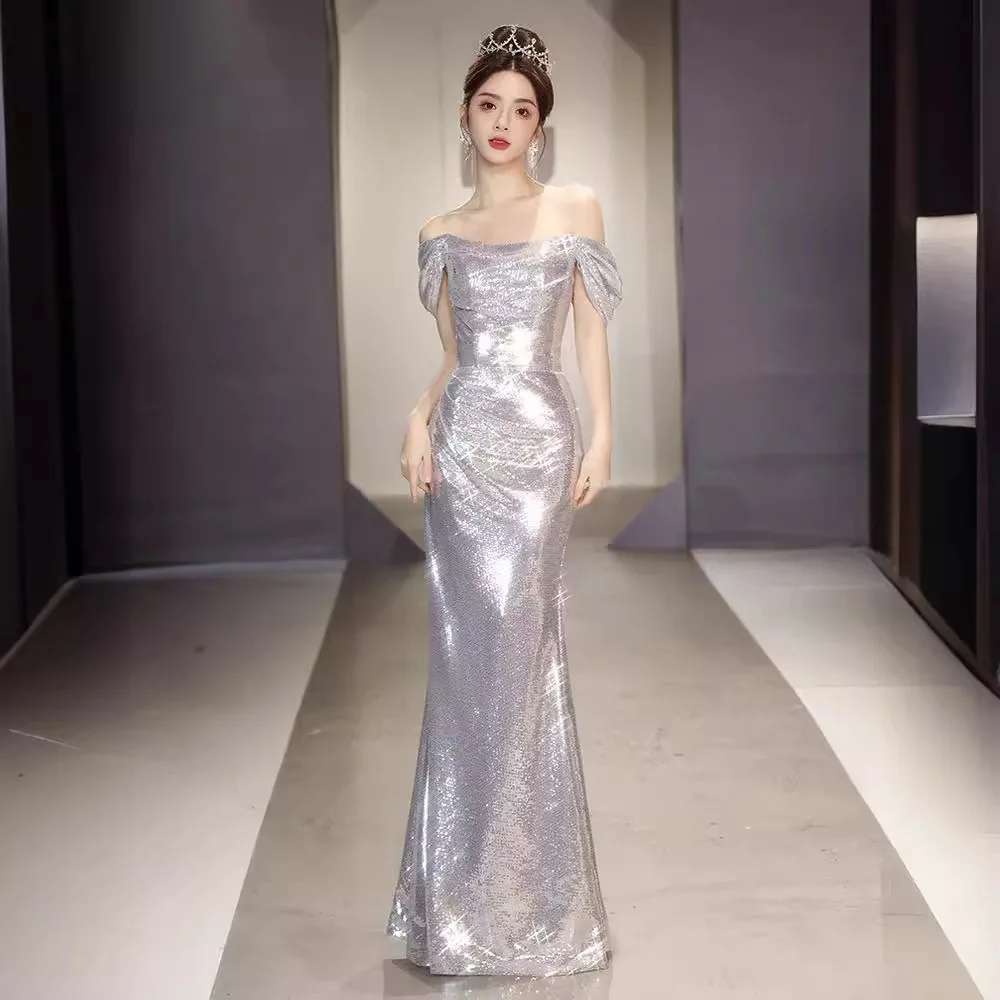 Suknia wieczorowa na jedno ramię, damska, z trenem typu fishtail, luksusowa, wysokiej klasy, na ceremonię, egzamin artystyczny, dla prowadzącej, na bal, Aosp...