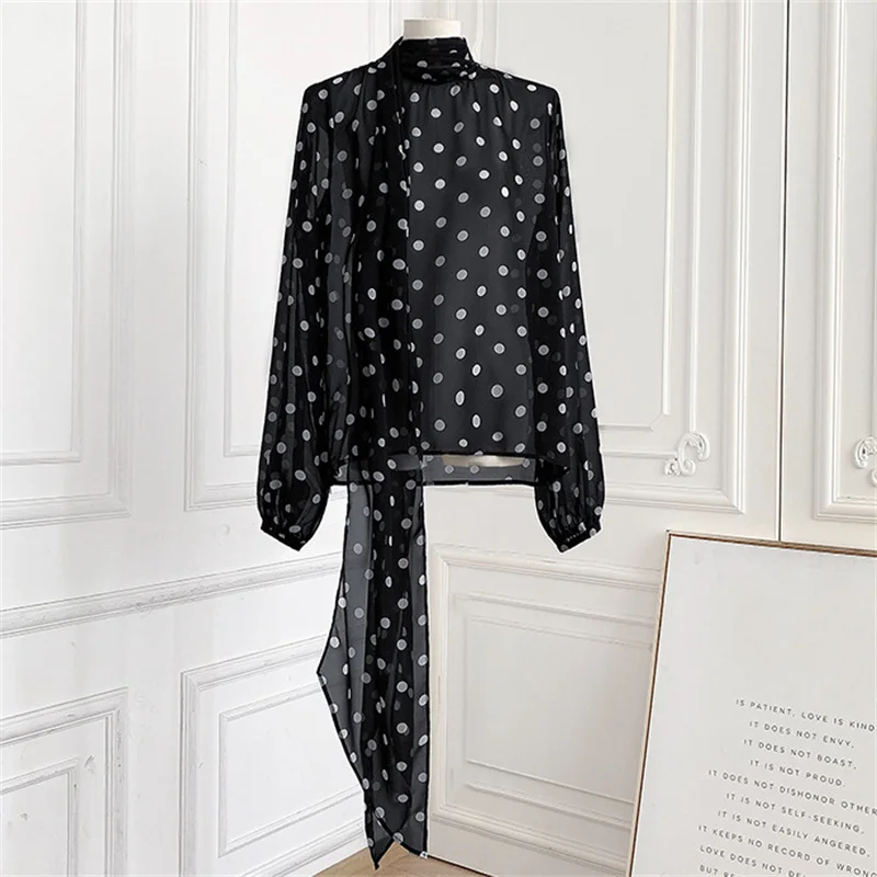 

Women's shirt Spring 2026 new polka dot printed scarf collar women's long sleeved top semi perspective Women's blouse pullover
