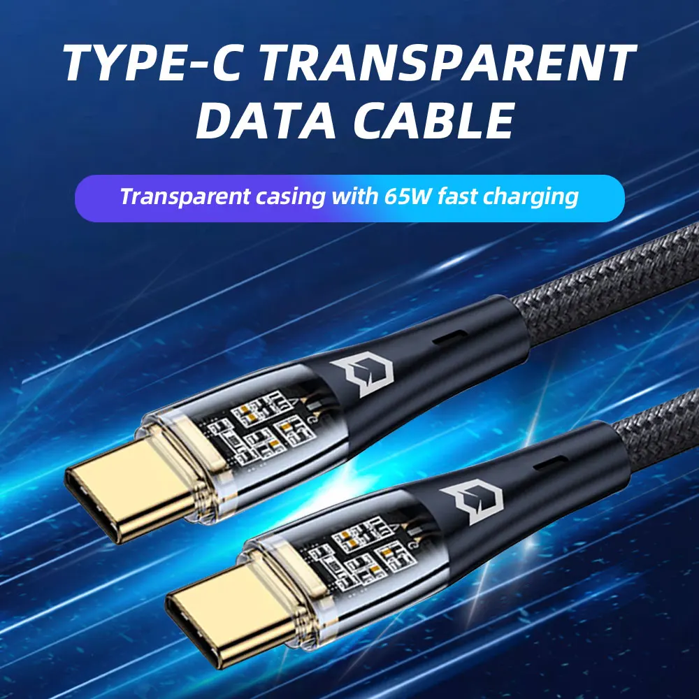 

65W Type C to C Cable 5Gbps Pure Copper Braided Cable Nickel Plated Transparent PVC Shell Boxed Fast Charging Data Sync Cable