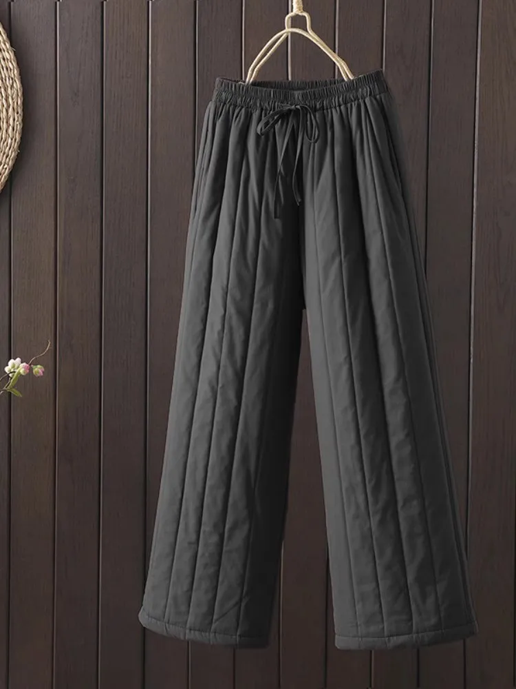 Vintage Literary Quilted Wide Leg Pants for Women 2024 New Winter Female Thick Warm Cotton-padded Harem Pants Straight Trousers