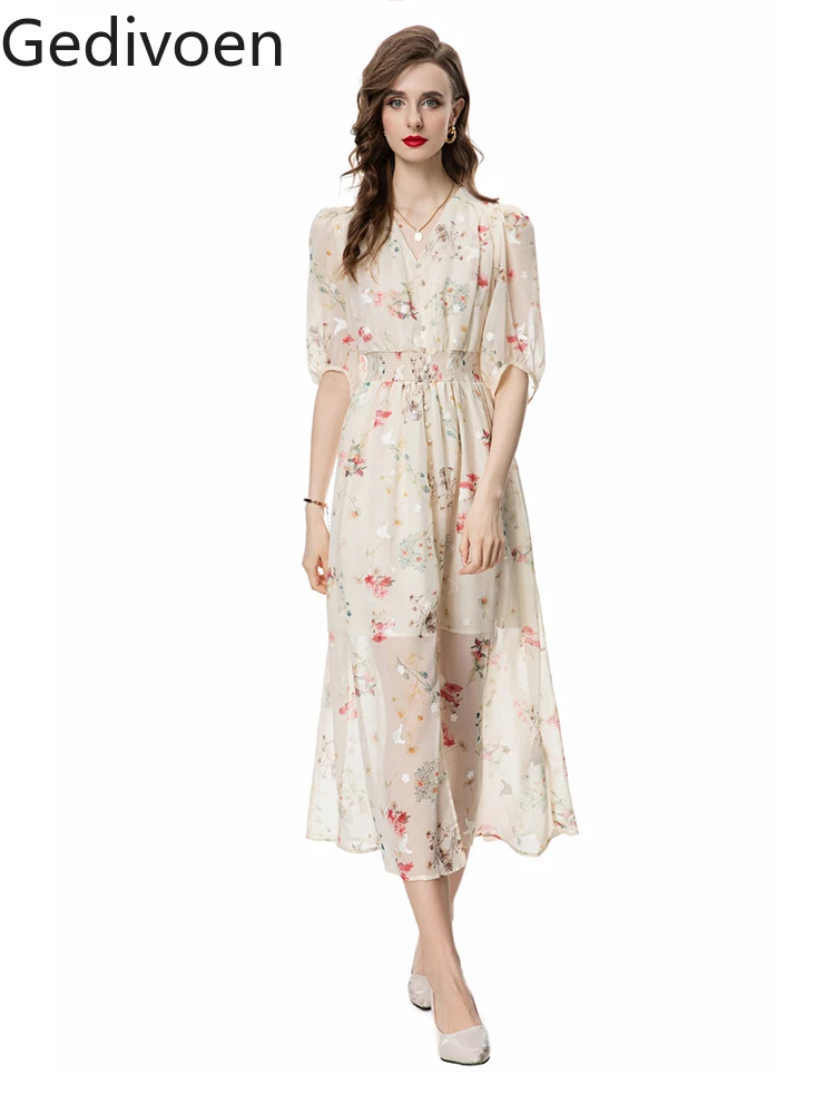 

Gedivoen Fashion Designe Summer Women's Long Dresses Puff Sleeve Printing Floral Single Breasted Casual Style A-LINE Dress