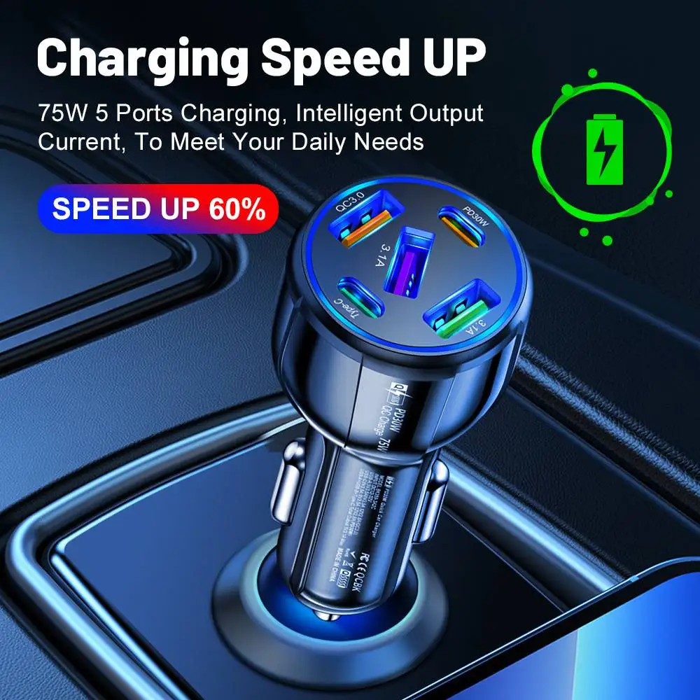 75W 5-Port USB PD Car Charger Adapter 3USB-A+2USB-C PD QC3.0 Fast Charging for 15 15 Plus 15Pro 15Pro Max for Mate60 Pro