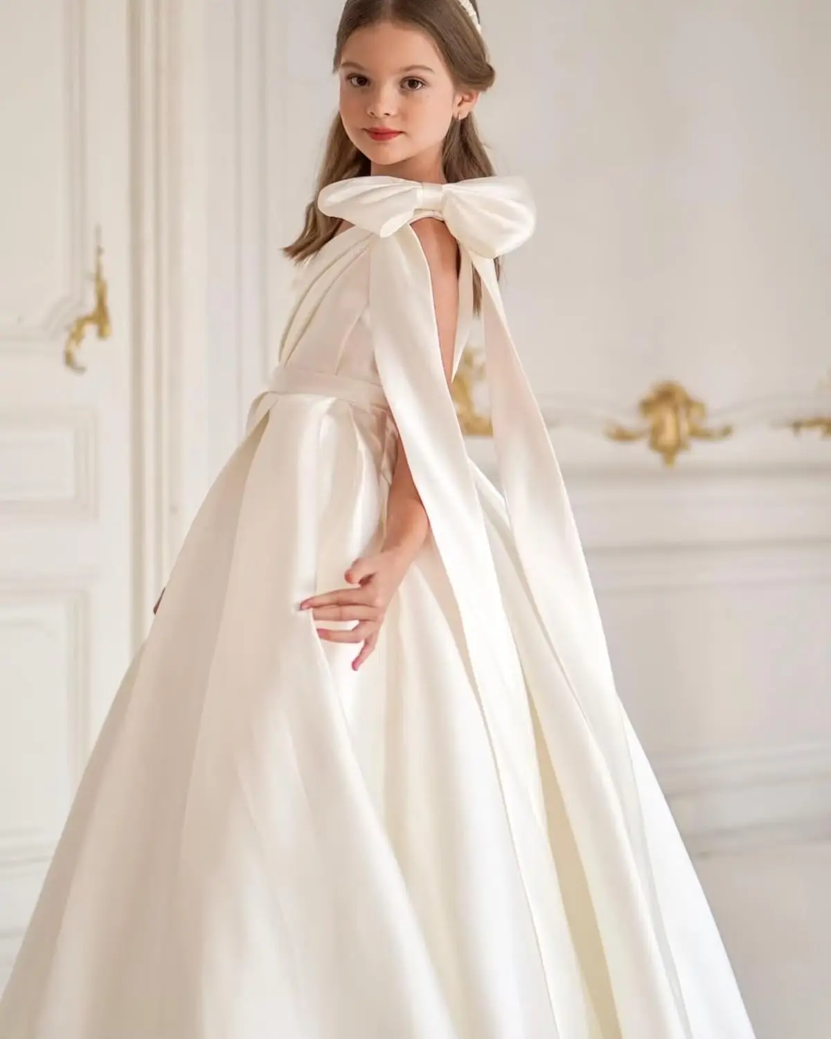 Cetim um ombro vestido da menina de flor com arco casamento princesa pageant vestido de festa inchado formal primeira comunhão vestido de baile