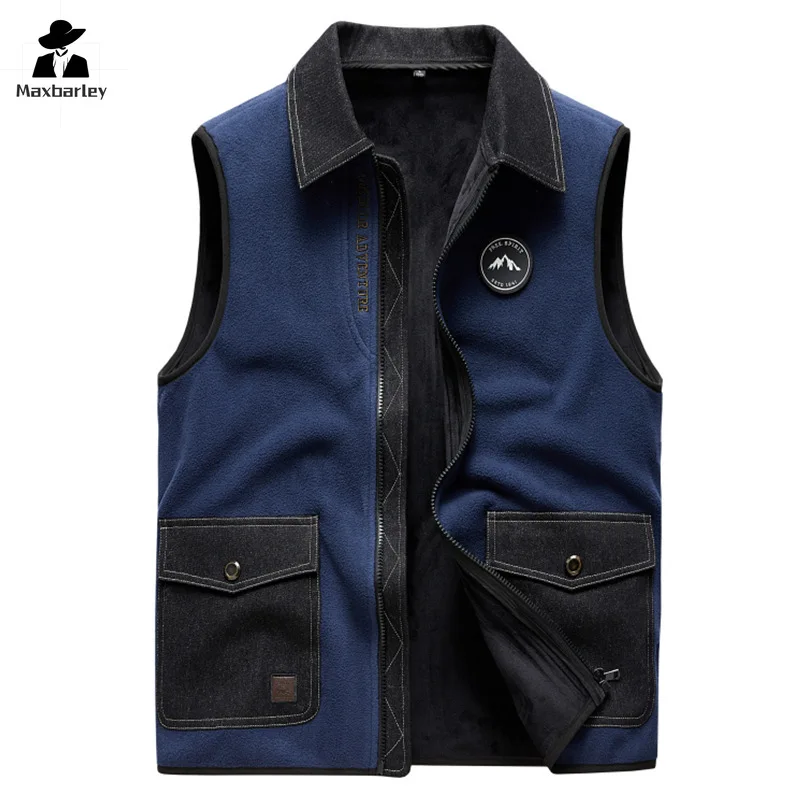 Herfst En Winter Vest Heren Retro Mode Dikke Fleece Koude-Proof Winddichte Mouwloze Jas Casual Camping Heren Warm Vest