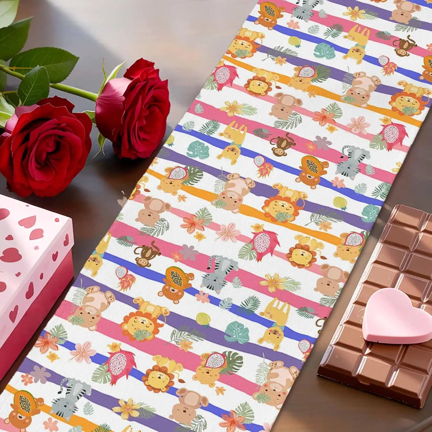 Animal Table Runner, Nordic Linen Style Anti-Slip Rectangle, Cute Animal Anime Illustration Flat Print, Stylish Table Center