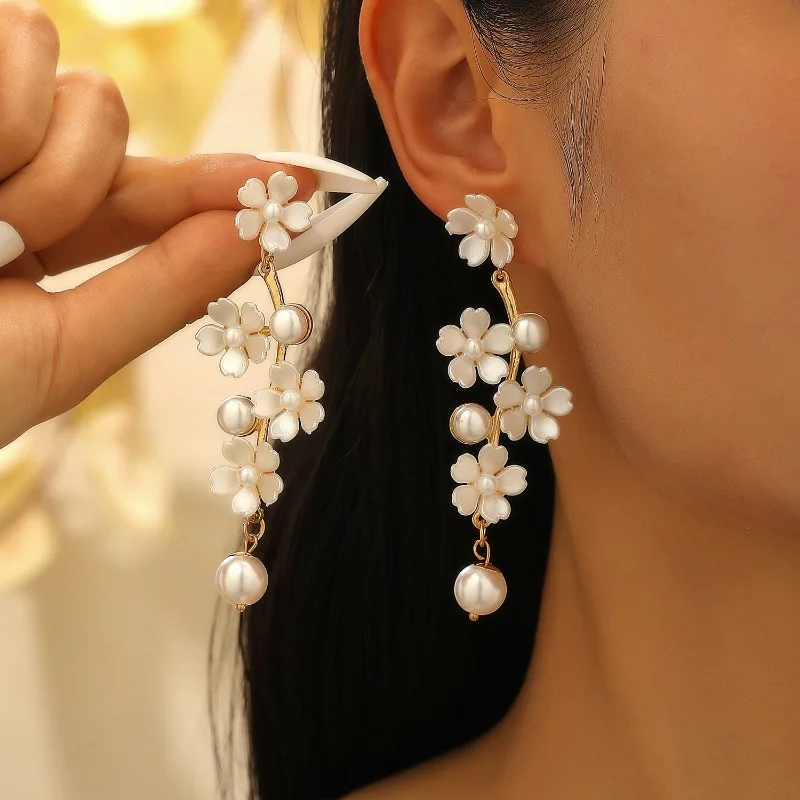 

Bohemian fashion romantic long beaded flower fringed elegant earrings imitation pearl fairy princess style