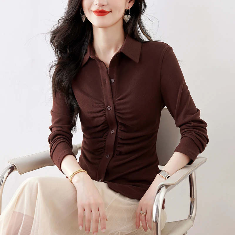 

Autumn Winter Vintage Velvet Pleated Women's Blouses Single Breasted Long Sleeve Office Casual Loose Shirts Tops Female 2025 New