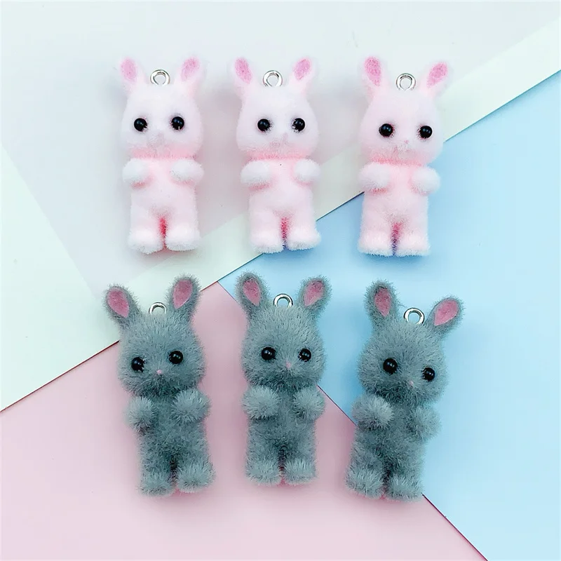 New style 30pcs/lot color flocking animals cartoon rabbits shape resin beads with hanger diy jewelry accessory