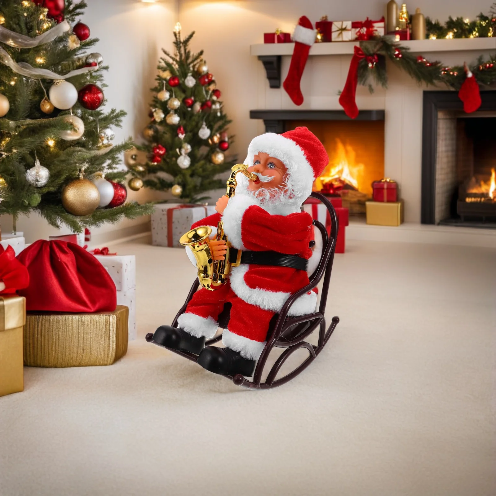 Babbo Natale elettrico natalizio con sedia da gioco per strumenti musicali - Decorazione natalizia animata vibrante per celebrazioni stagionali e