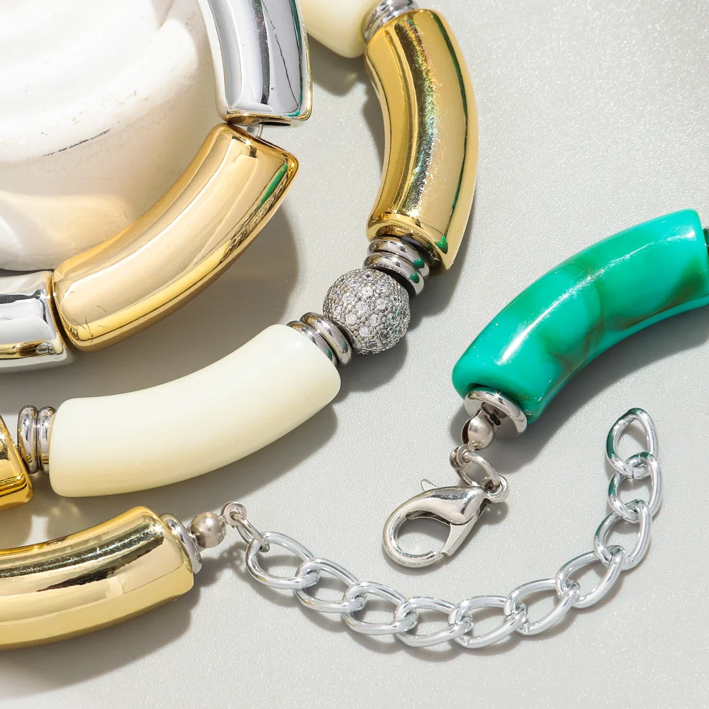 New Bohemia Acrylic Chunky Bamboo Bracelets for Women Boho Resin Elastic Tube Beads Necklace 2024 Fashion Jewelry